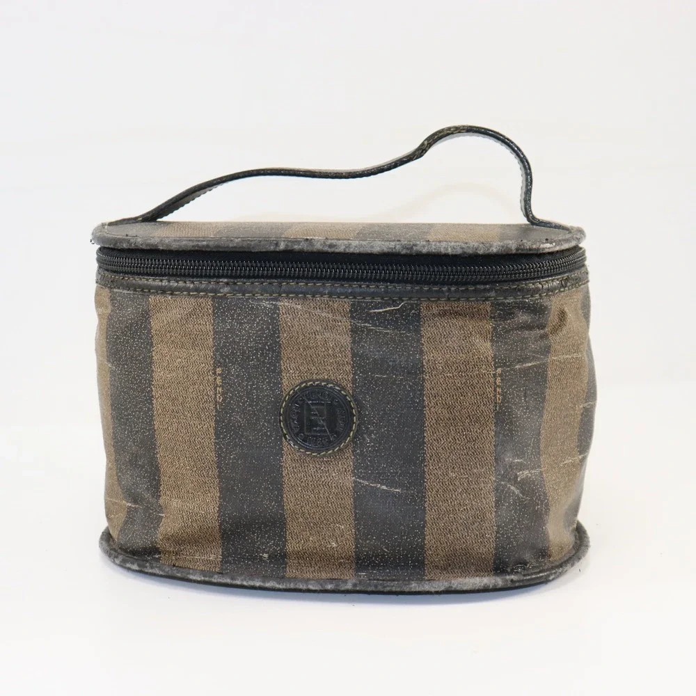 Fendi Vanity Case Womens OS Brown Pequin Stripe Vintage Project Bag‎ Luxury